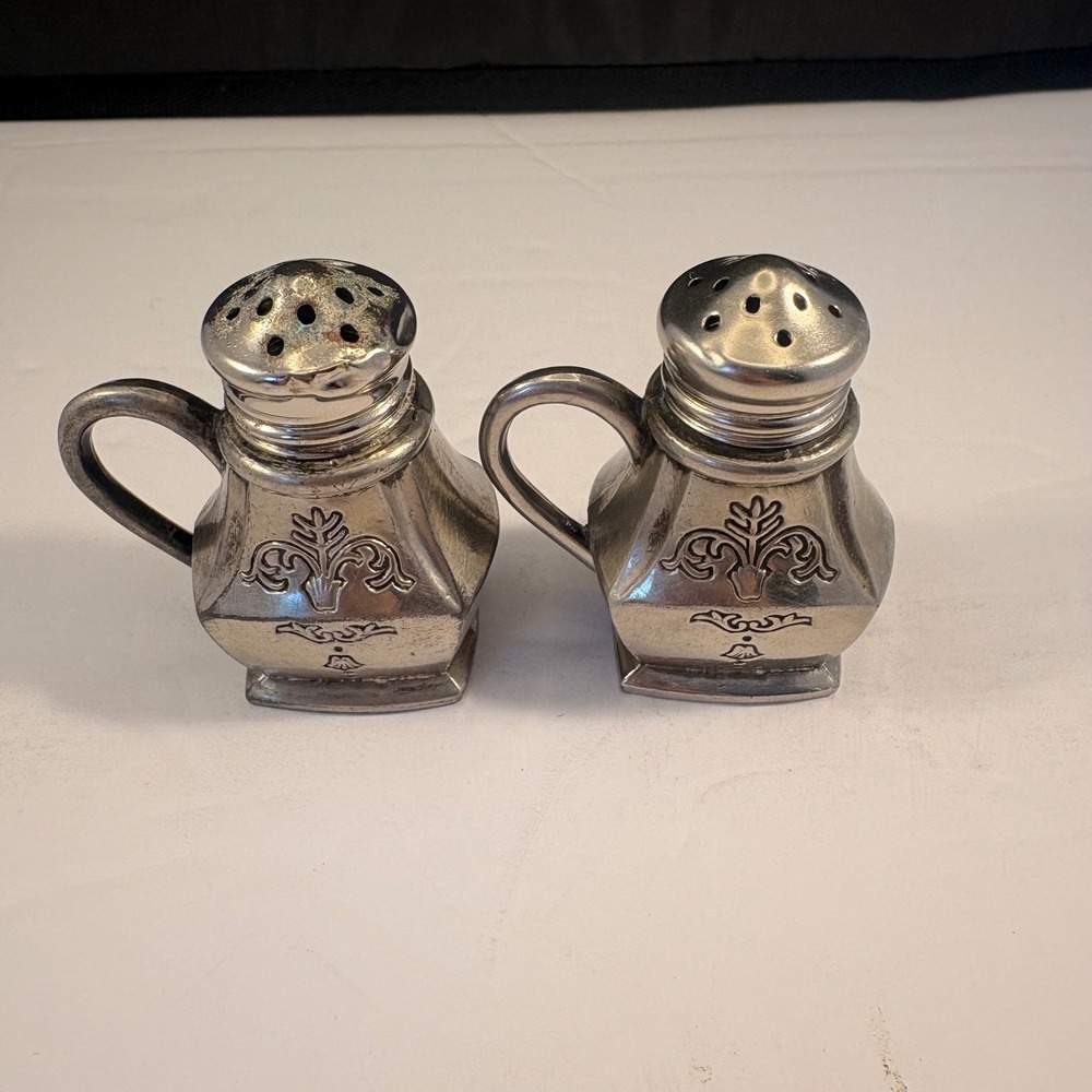 Vintage Silver Tone Mini Salt and Pepper Shakers Set Japan Fleur-de-Lis Pitcher